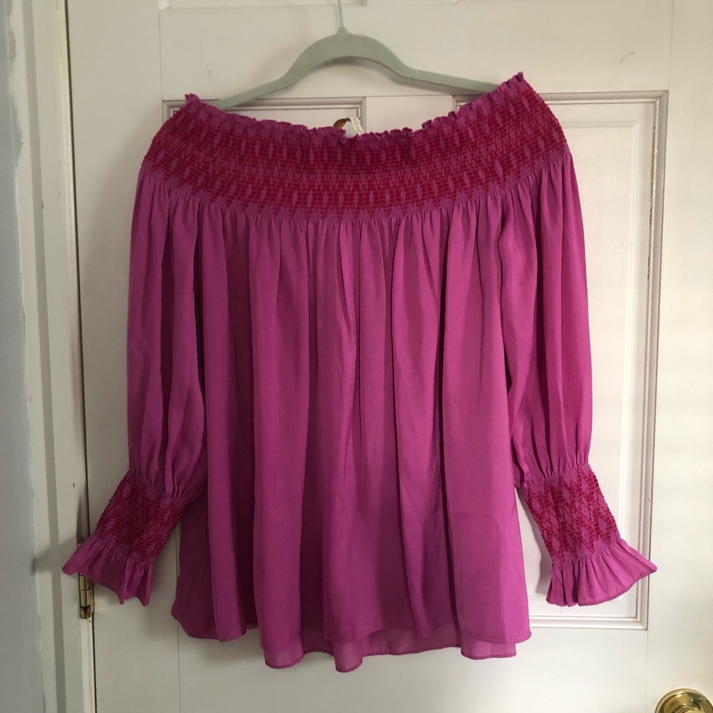 Maje Fuchsia Pink Smocked Off-Shoulder Top - Picture 4 of 5